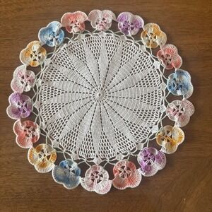 Handmade Crochet Pansy Doily – Vintage Floral Table Topper – Pastel Colors